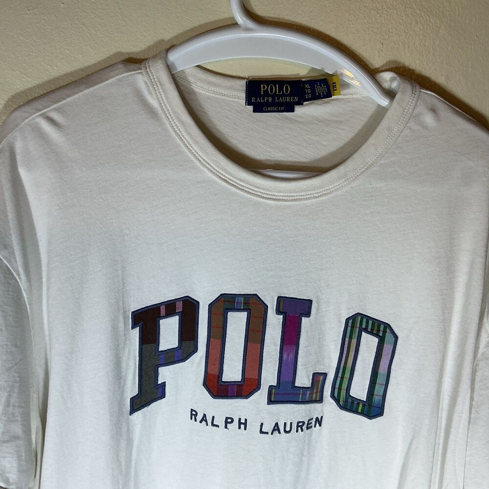 Men’s Polo Ralph Lauren XL White T Shirt Flannel Letter Logo Classic Fit Tee - Picture 4 of 5